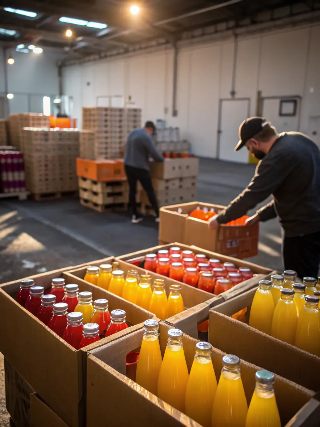 A refreshing image of assorted fruit juices being packaged for export, emphasizing the freshness and quality of Hdlr Logistics' juice exports.