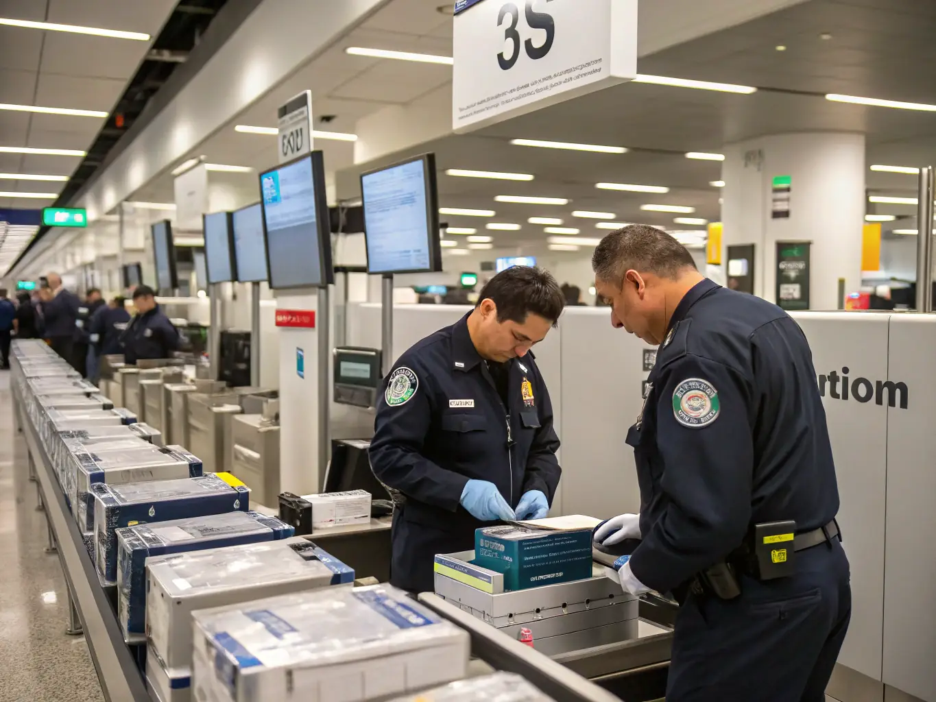 An image of customs officers inspecting goods in a warehouse, highlighting the importance of compliance and accuracy in international trade.
