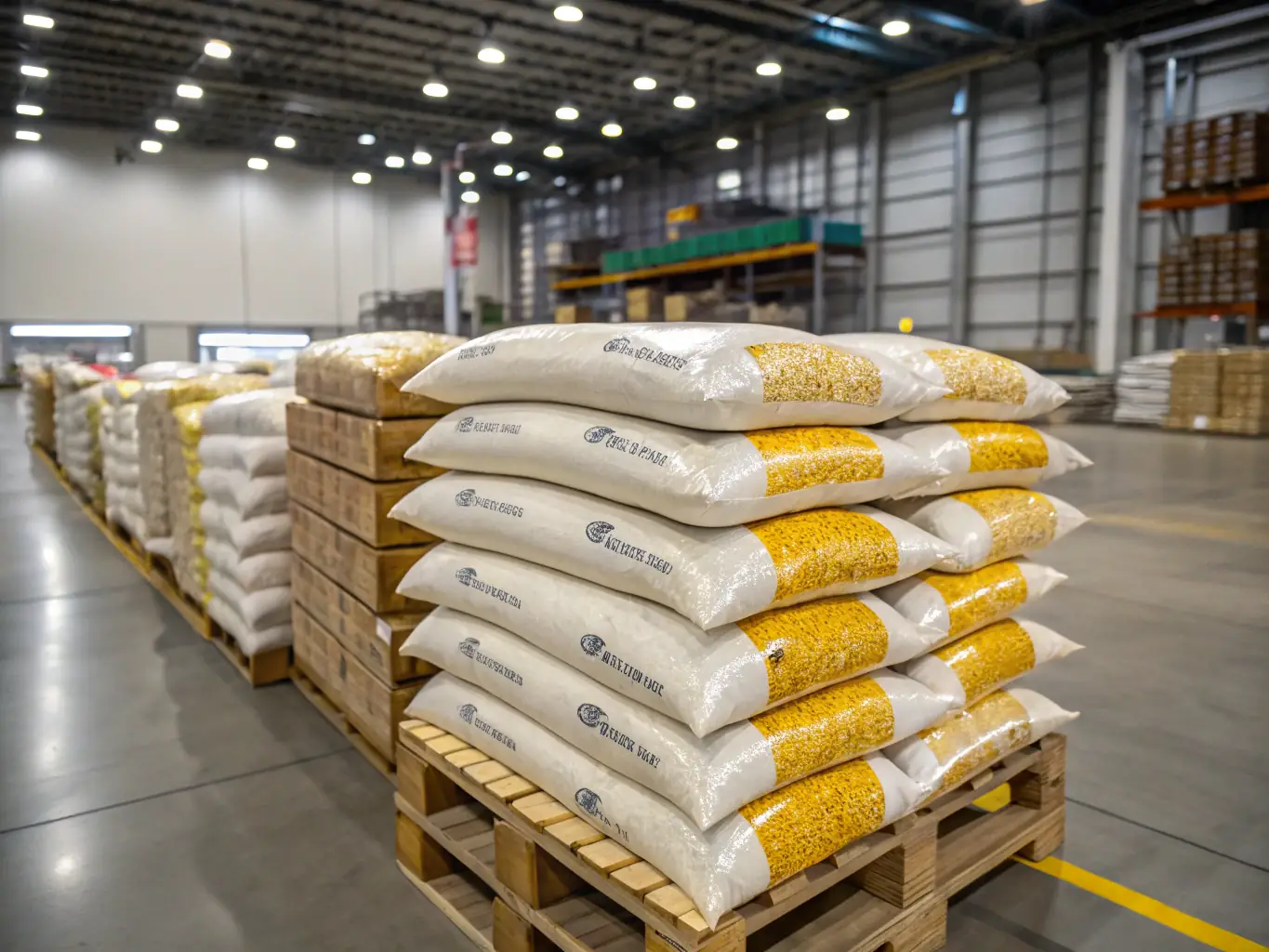 A professional photograph of various grains and dog food products ready for shipment, showcasing Hdlr Logistics' expertise in exporting agricultural and pet food products.